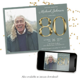 Gold Text Sage Green Classy Photo 80th Birthday Invitation