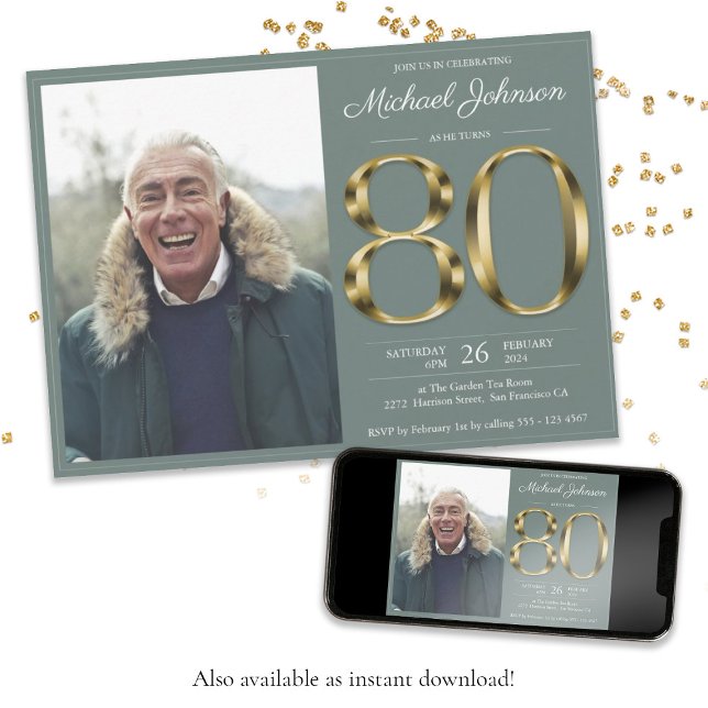 Gold Text Sage Green Classy Photo 80th Birthday Invitation (80th Gold Text Sage Green Classy Photo Birthday Invitation)