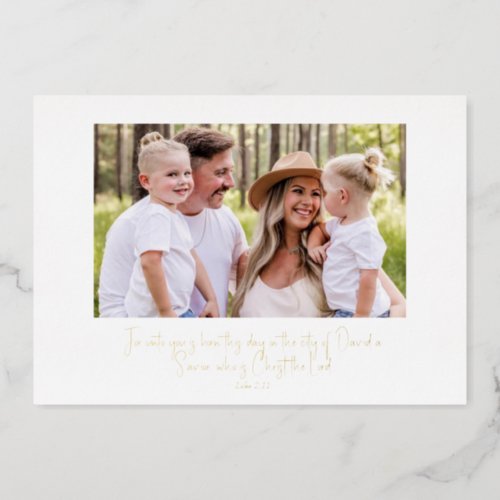 Gold Text Scripture Family Photo Christmas Foil Holiday Card