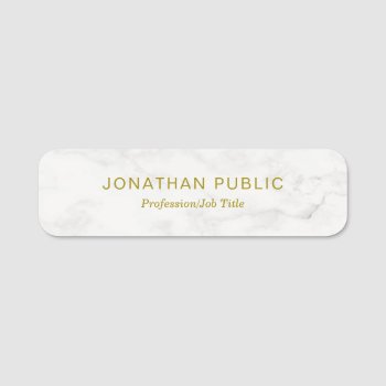 Gold Text White Marble Elegant Simple Template Name Tag by art_grande at Zazzle