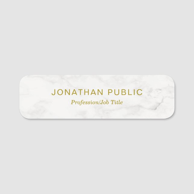 Gold Text White Marble Elegant Simple Template Name Tag (Front)