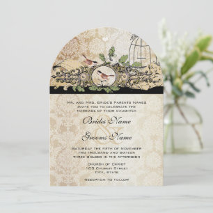 Gold Texture Birdcage Damask Vintage Love Birds Invitation