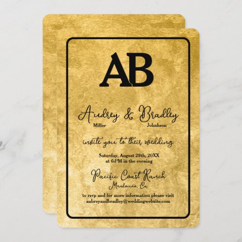 Gold Texture Black Frame 2 Letter Monogram Wedding Invitation