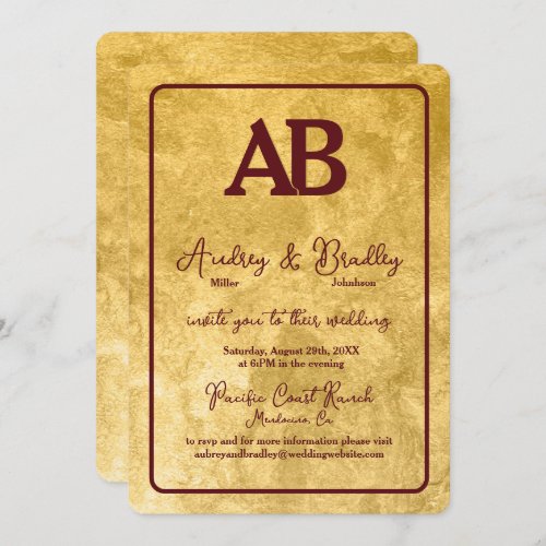 Gold Texture Burgundy Frame Monogram Wedding Invitation