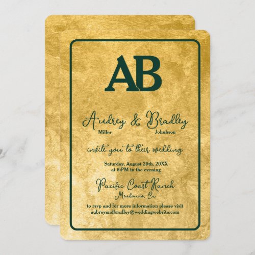 Gold Texture Green Frame 2 Letter Monogram Wedding Invitation