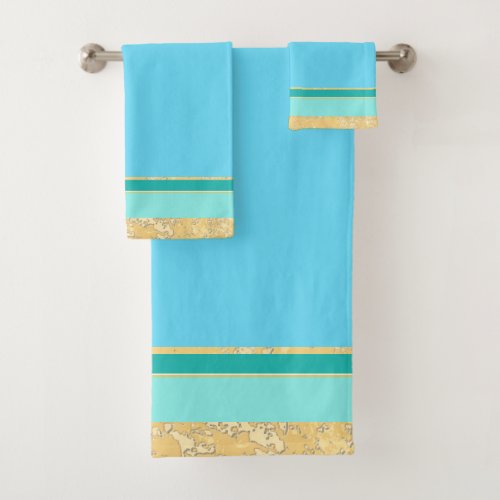Gold Texture with Aqua and Turquoise Stripes Bath Towel Set