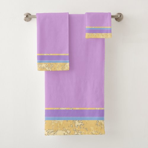 Gold Texture with Blue and Lavender Stripes Bath Towel Set