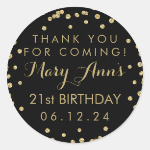 Gold Thank You 21st Birthday Confetti Black Classic Round Sticker