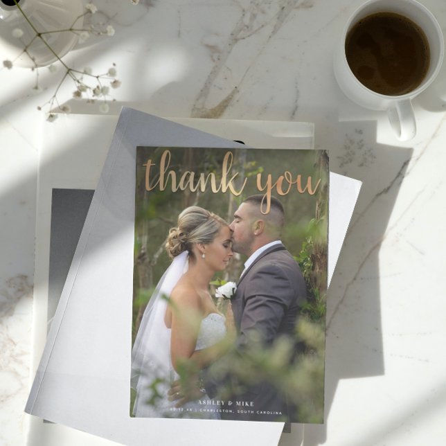Gold Thank You 2 Black & White Photo Wedding Card (Grateful for the love and joy you shared on our special day. )
