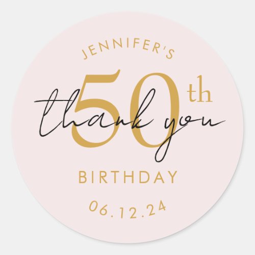 Gold "Thank You" 50th Birthday Party Blush Classic Round Sticker