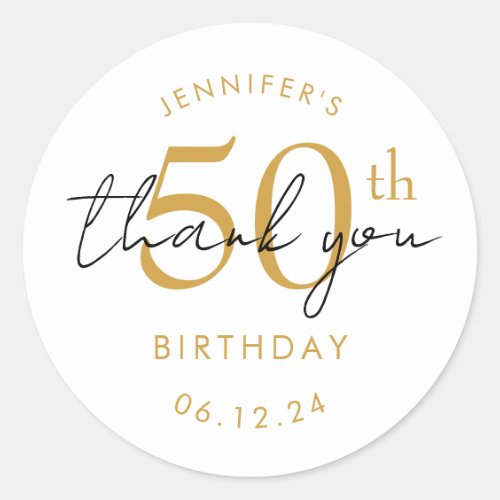 Gold "Thank You" 50th Birthday Party Classic Round Sticker