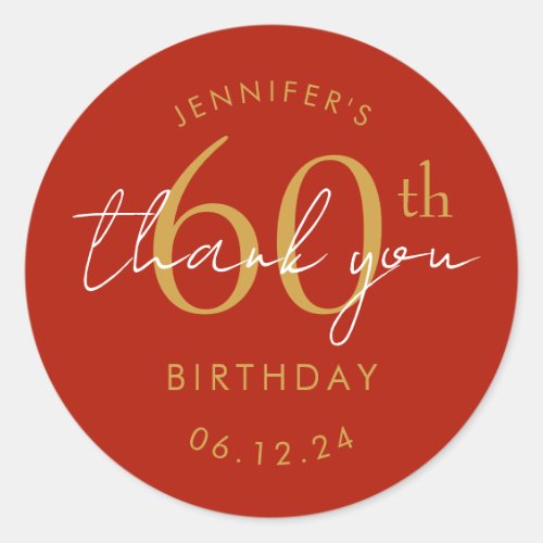 Gold "Thank You" 60th Birthday Party Red Classic Round Sticker
