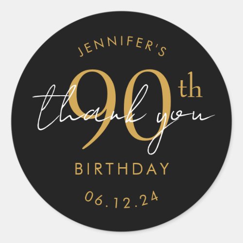 Gold "Thank You" 90th Birthday Party Black Classic Round Sticker