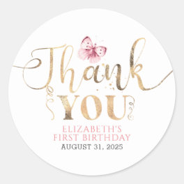 Gold Thank you and Pink Butterfly Classic Round Sticker