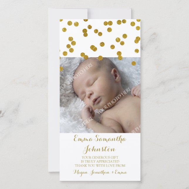 Gold Thank You Baby Shower Photo Cards (Front)