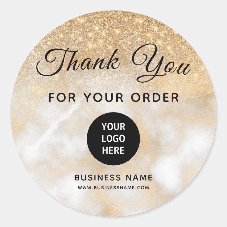 Gold Thank You Business Logo Glitter Classic Round Sticker | Zazzle