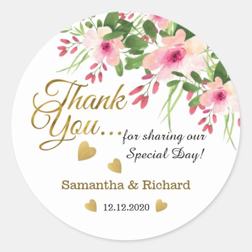 Gold Thank You Floral Wedding Favor Classic Round Sticker