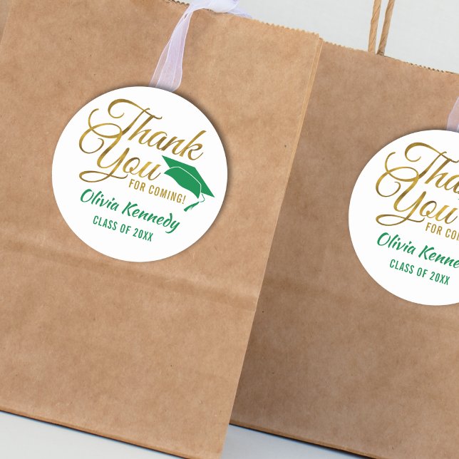 Gold Thank You For Coming Green Graduation Party Classic Round Sticker (Gold Thank You For Coming Green Graduation Party Classic Round Sticker
)