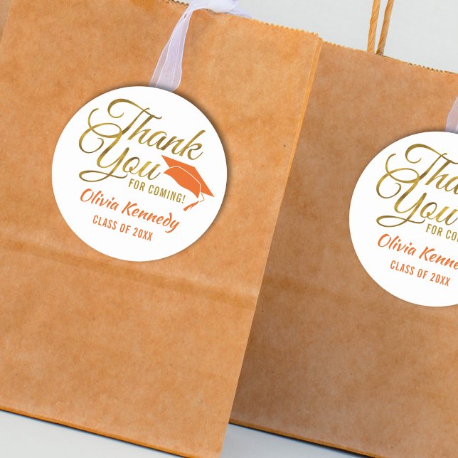 Gold Thank You For Coming Orange Graduation Party Classic Round Sticker (Gold Thank You For Coming Orange Graduation Party Classic Round Sticker
)