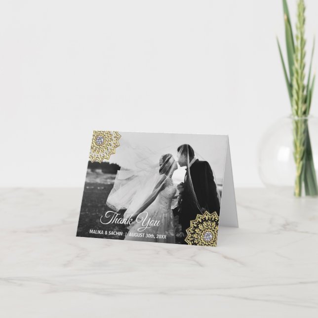 Gold THANK YOU Indian Mandala PHOTO wedding Card (Front)