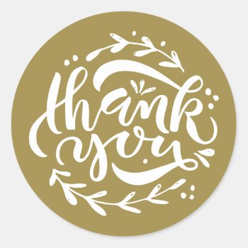 Gold Thank You Modern Calligraphy Wreath Classic Round Sticker by misstallulah at Zazzle