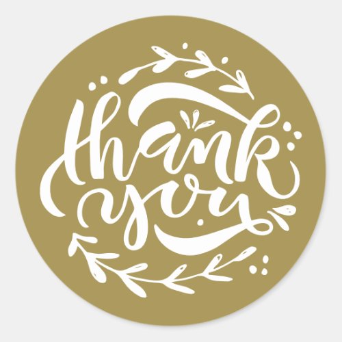Gold Thank You Modern Calligraphy Wreath Classic Round Sticker