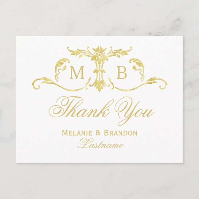 Gold Thank You postcards Monogram wedding set (Front)