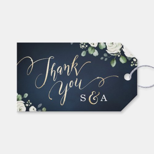 Gold thank you script navy white floral wedding gi gift tags