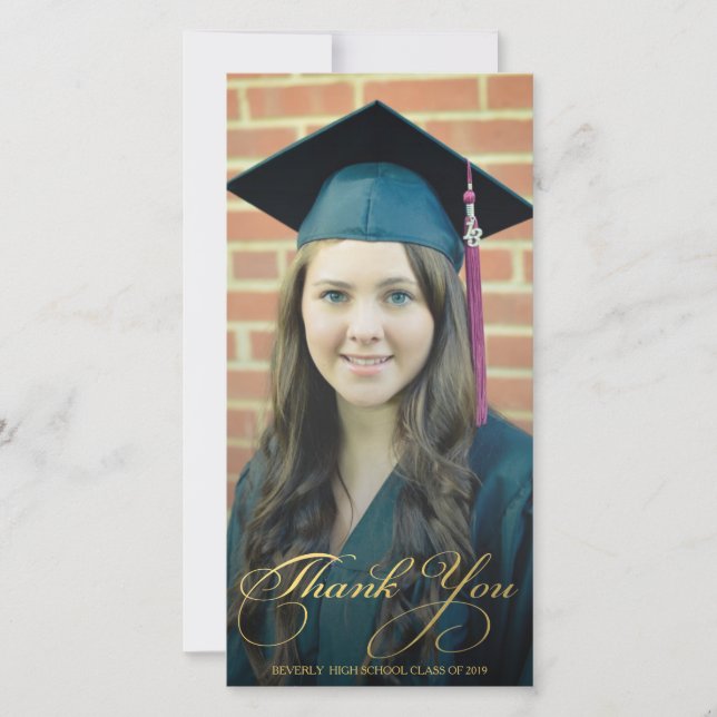 Gold Thank You Script Overlay Graduation Photo Card (Front)