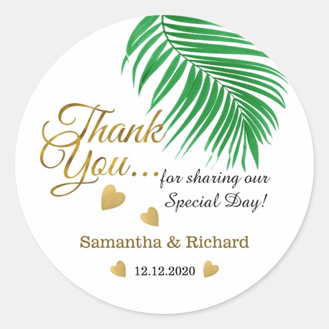 Gold Thank You Tropical Wedding Favor Classic Round Sticker (Front)