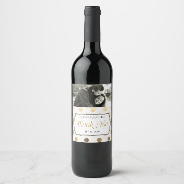 Gold Thank You Typography Photo Custom Wedding Wine Label (Front)