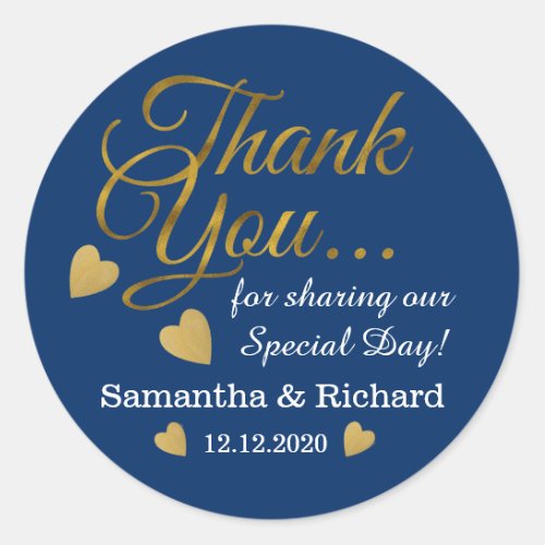 Gold Thank You Wedding Favor Blue Classic Round Sticker