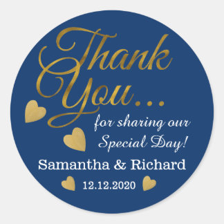 Gold Thank You Wedding Favor Blue Classic Round Sticker