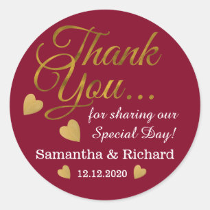 Gold Thank You Wedding Favor Burgundy Classic Round Sticker