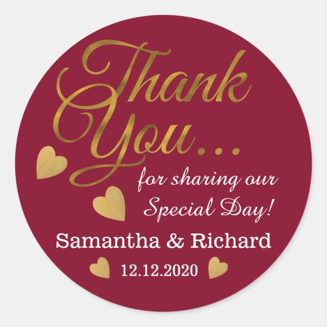 Gold Thank You Wedding Favor Burgundy Classic Round Sticker (Front)