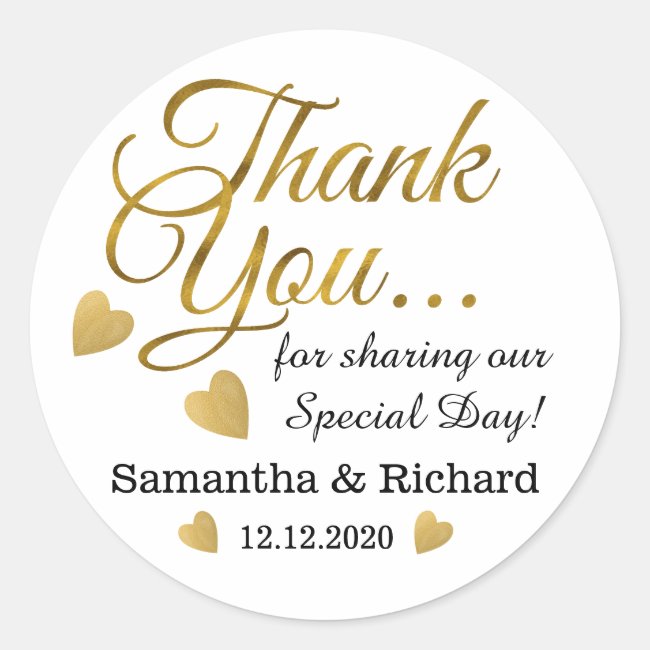 Gold Thank You Wedding Favor Classic Round Sticker