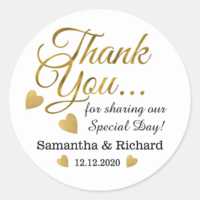 Gold Thank You Wedding Favor Classic Round Sticker