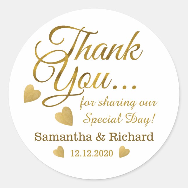 Gold Thank You Wedding Favor Classic Round Sticker (Front)