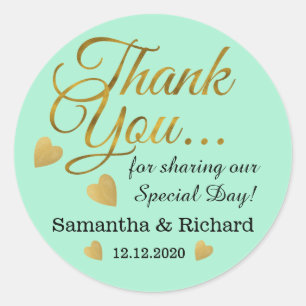 Gold Thank You Wedding Favor Mint Classic Round Sticker