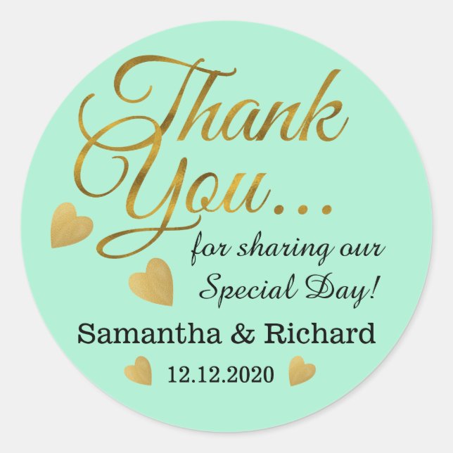 Gold Thank You Wedding Favor Mint Classic Round Sticker (Front)