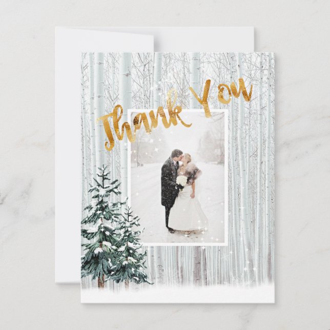 Gold Thank You, Winter Wedding Snow Pine Trees Invitation (Front)