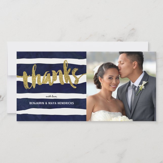 Gold Thanks Striped Wedding Photo Thank You (Front)