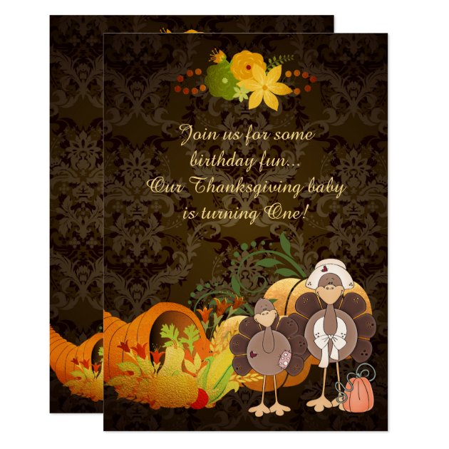 Gold Thanksgiving Girl Turkey 1st Birthday Invite
