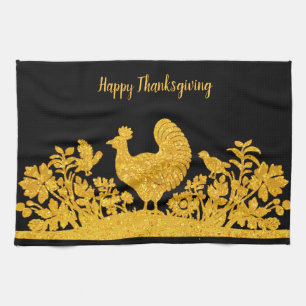 Gold Thanksgiving Turkey Floral Kitchen Towel
