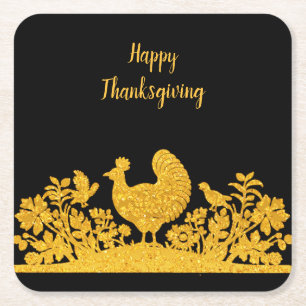 Gold Thanksgiving Turkey Floral Paper Coaster