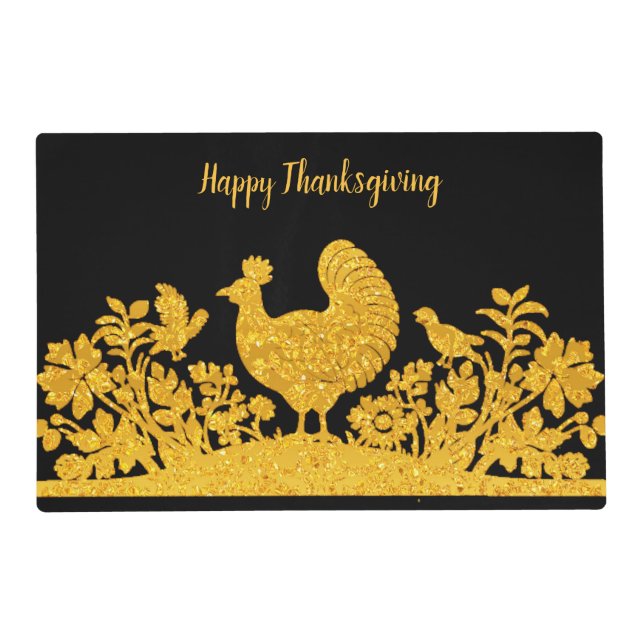 Gold Thanksgiving Turkey Floral Paper Placemat (Front)