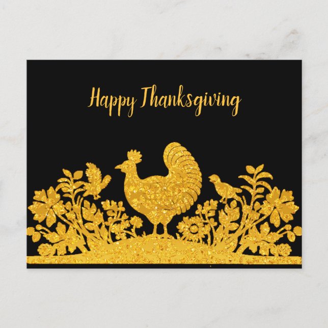 Gold Thanksgiving Turkey Floral Postcard (Front)
