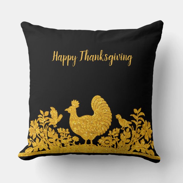 Gold Thanksgiving Turkey Floral Throw Pillow (Front)