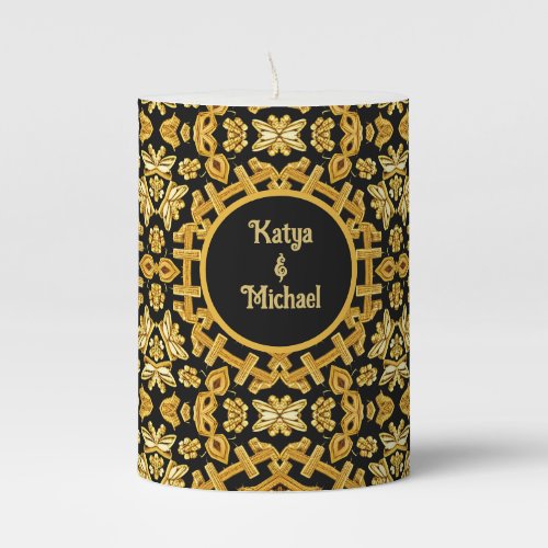 Gold Theme Ornate Embroidery Pattern with Names Pillar Candle