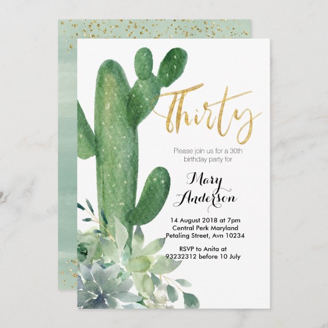 Gold Thirty 30th Birthday Invitation cactus fiesta (Front/Back)